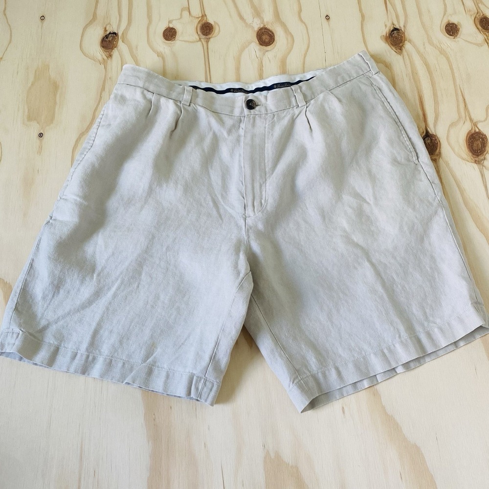 Brooks Brothers Shorts Mens 38 Beige Irish Linen Pleated Lightweight Classic